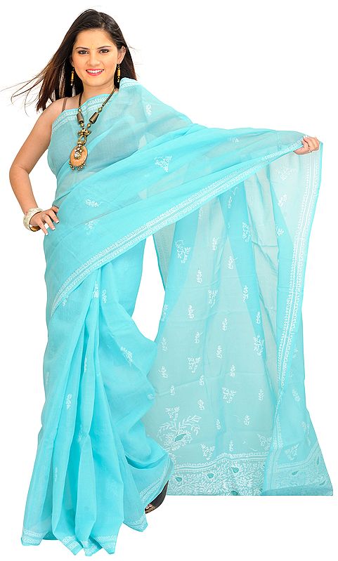 Aqua-Sky Chikan Embroidered Sari from Lucknow