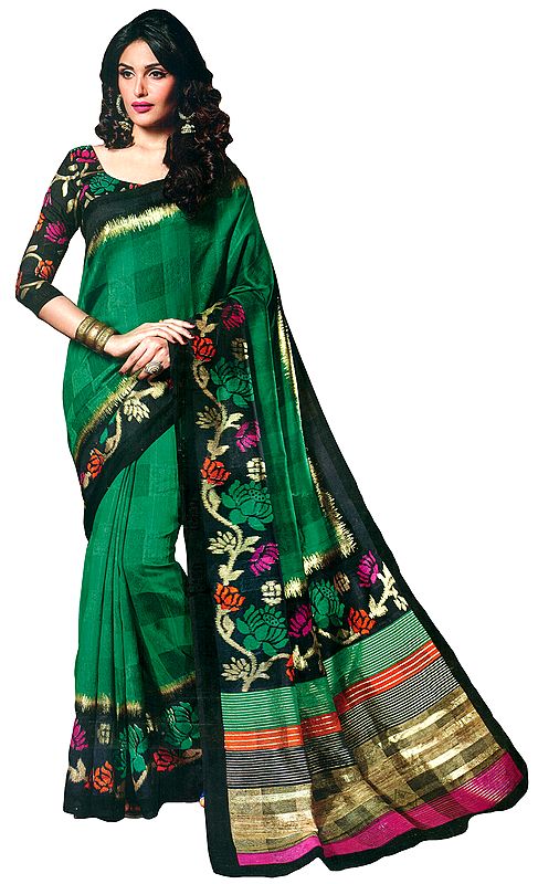 Green and Black Cochin Silk Sari with Woven Lotuses on Border and Self-Weave