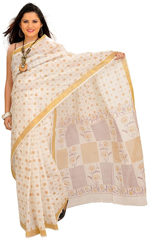 Ivory Sari from Bengal with Printed Bootis and Golden Border