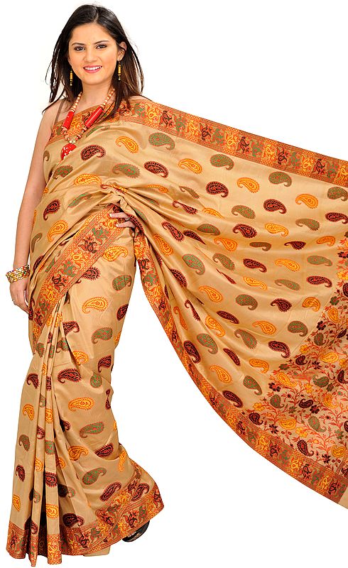 Frosted-Almond Sari from Assam with Woven Paisleys All-Over