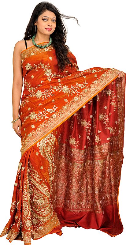Bombay-Brown Bridal Shimmer Sari from Banaras with Zari-Embroidery and Sequins
