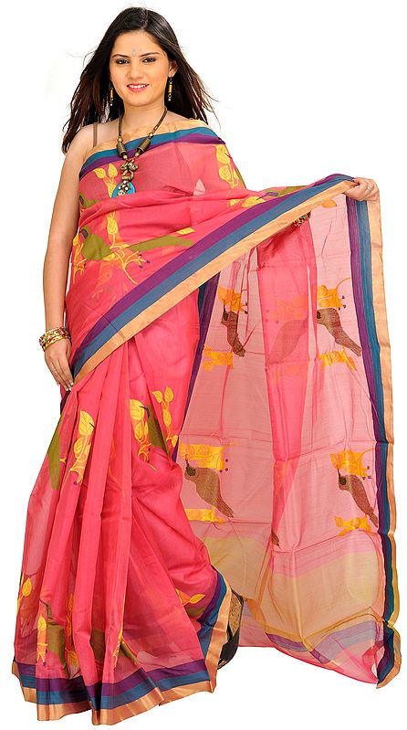 Desert-Rose Chanderi Sari with Woven Sparrows and Striped Border