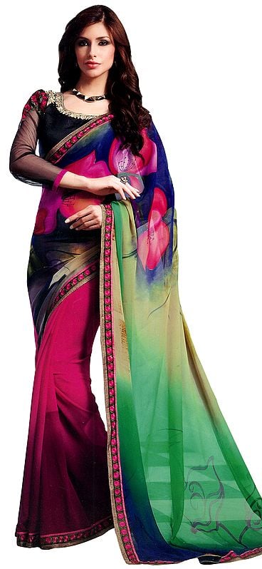 Multicolor Floral Printed Sari with Embroidered Flowers Patch Border
