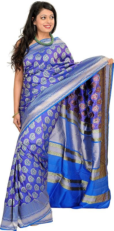 Imperial-Blue Handloom Sari from Banaras with Woven Paisleys All-Over