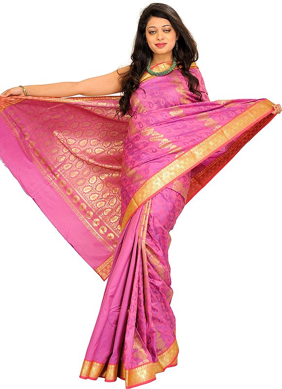 Radiant-Orchid Sari from Bangalore with Woven Paisleys and Zari Weave