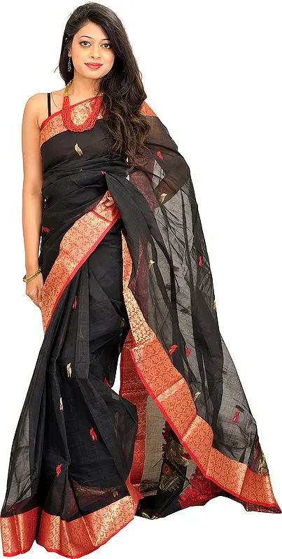 Jet-Black Sari from Bengal with Woven Border and Paisleys on Aanchal