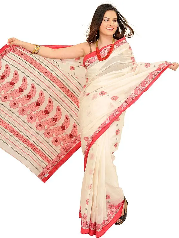 Ivory and Red Sari from Bengal with Woven Flowers
