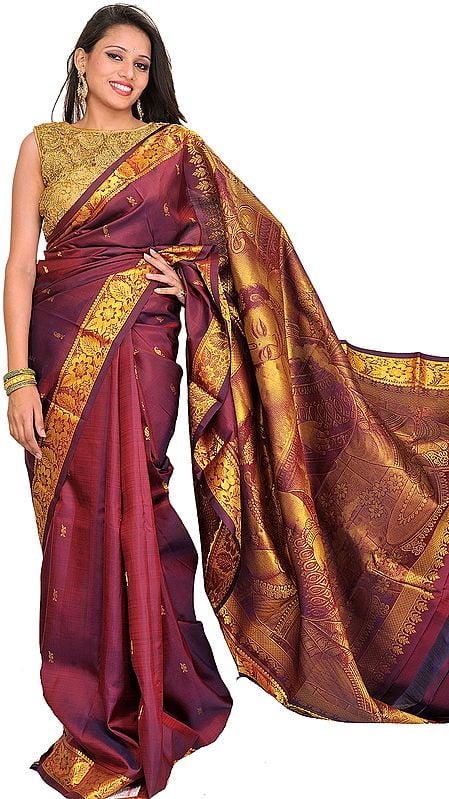 Crushed-Violets Kanjivaram Sari from Bangalore with Woven Butter Krishna on Aanchal