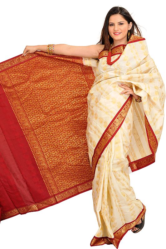 Cream and Maroon Sari from Bangalore with Zari Weave and Lotuses on Aanchal