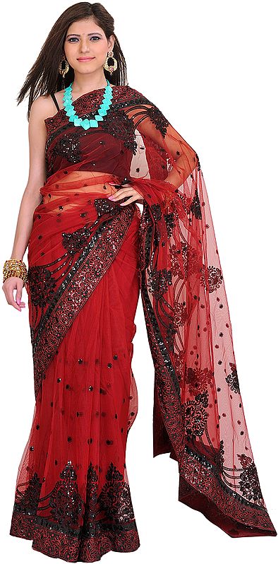 Rosewood Embroidered Wedding Sari with Patch Border and Sequins All-Over