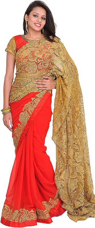 Flame Scarlet and Golden Wedding Prada Palla Sari with Crystals