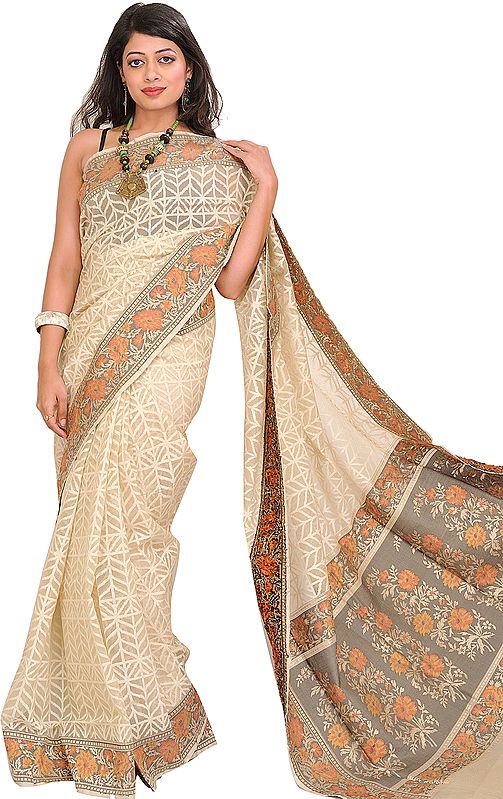 Ivory Self-Weave Net Sari from Banaras with Hand-woven Flowers