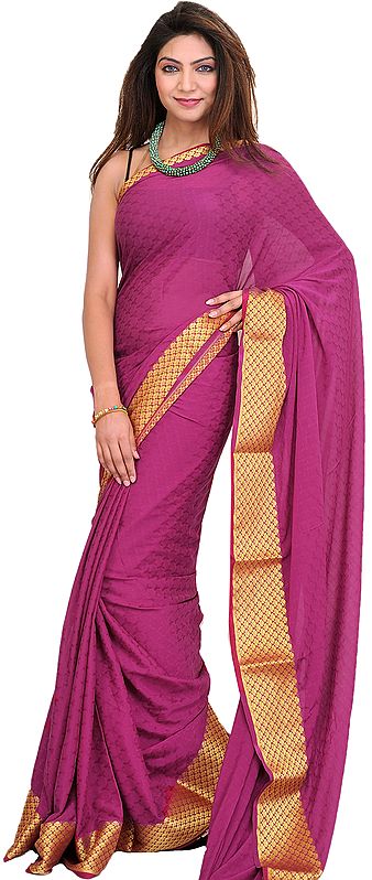 Magenta-Purple Self Weave Handloom Sari from Bangalore with Zari Weave on Border