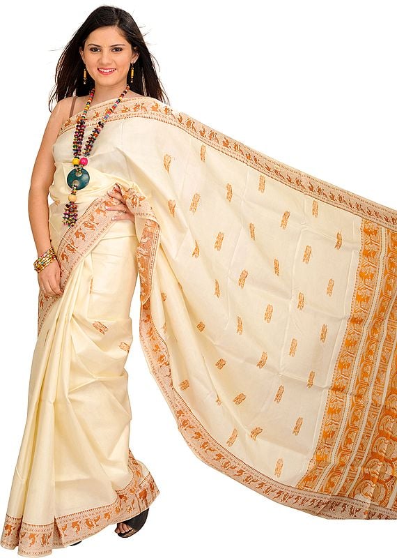 Cream Baluchari Sari from Kolkata Depicting Hindu Mythological Episodes