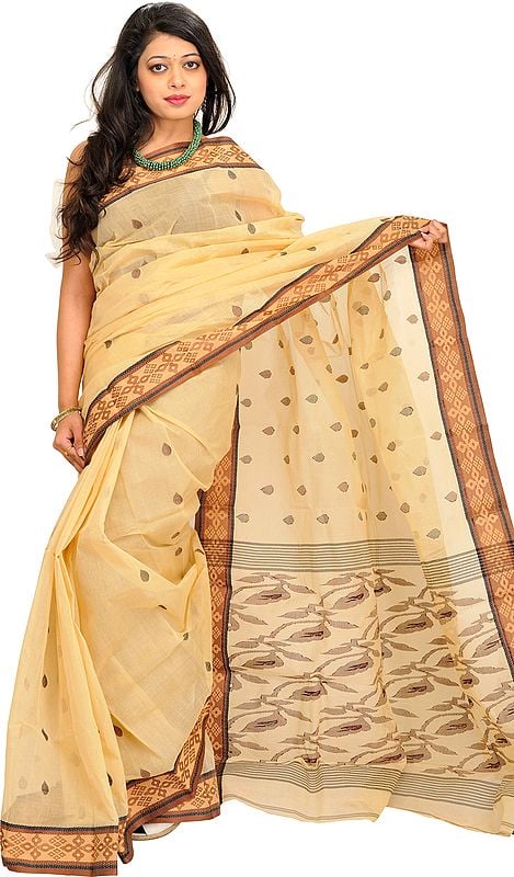 Italian-straw Saree from Bengal with Woven Border and Bootis all over