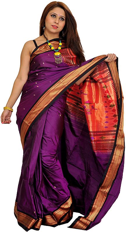 Imperial-Purple and Golden Paithani Sari with Hand-Woven Peacocks on Aanchal