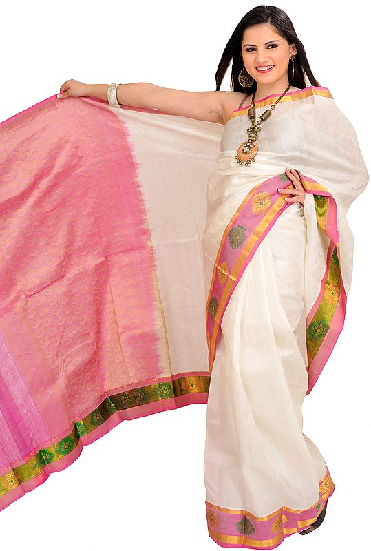 White and Pink Self-Weave Sari from Bangalore with Zari Woven Flowers on Border and Paisleys Aanchal