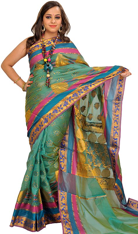 Saree from Banaras with Woven Flowers in Zari Thread