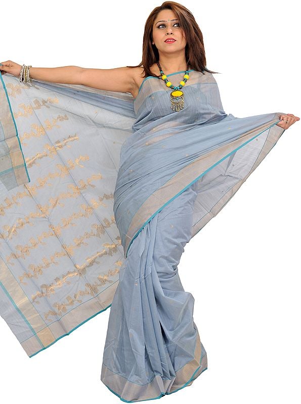 Arona-Blue Chanderi Sari with Zari-Woven Bootis and Flowers on Aanchal