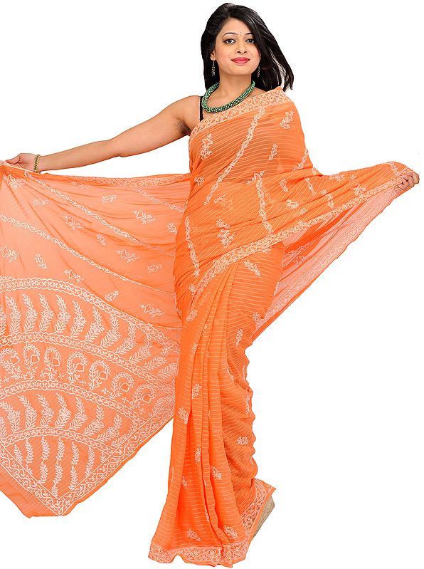 Papaya-Punch Chikan Hand-Embroidered Sari from Lucknow with Woven Stripes