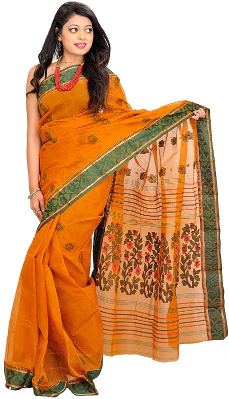 Sudan-Brown Sari from Bengal with Woven Flowers on Aanchal