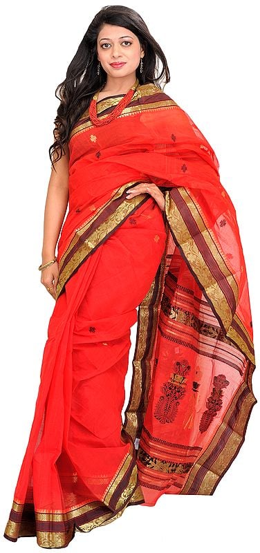 Tomato-Red Sari from Bengal with Zari Floral Border and Bootis