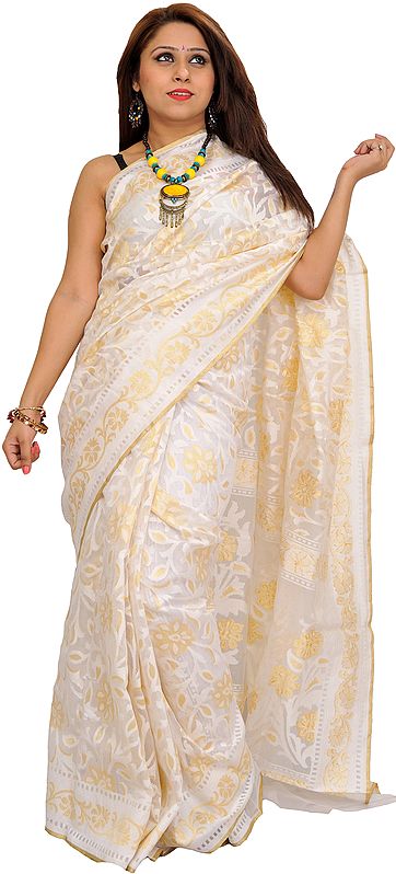 Ivory Self-Weave Net Sari from Banaras with Zari-Woven Flowers