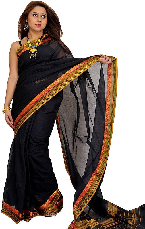 Jet-Black Plain South Cotton Sari from Bangalore with Woven Border and Aanchal