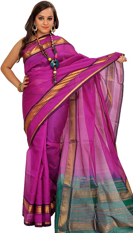 Hyacinth-Violet and Green Solid Sari from Chennai with Zari Weave on Border and Aanchal