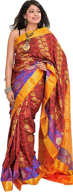 Red and Marigold Self-Weave Saree from Bangalore with Zari Woven Flowers and Paisleys on Aanchal