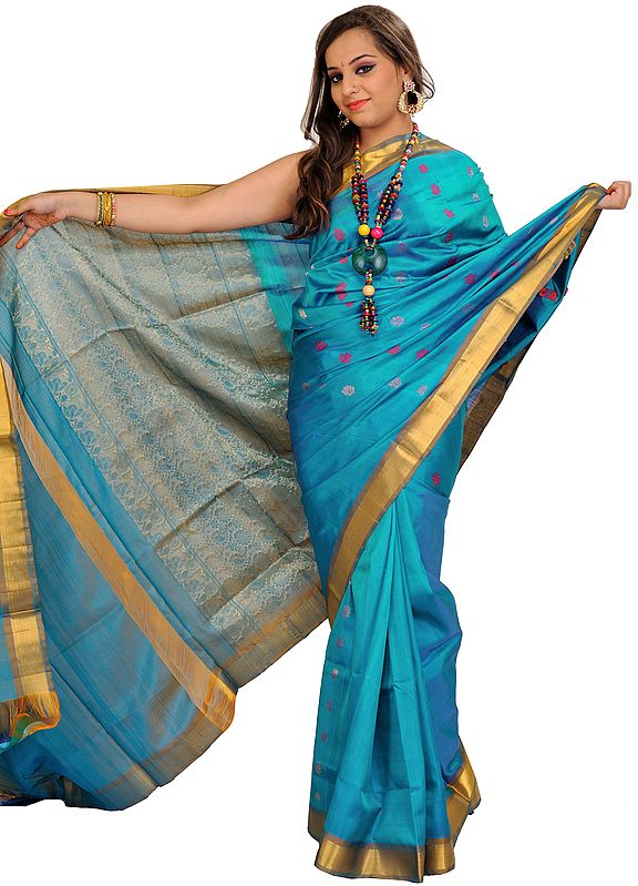 Jewel-Blue Saree from Chennai with Woven Bootis and Brocaded Aanchal