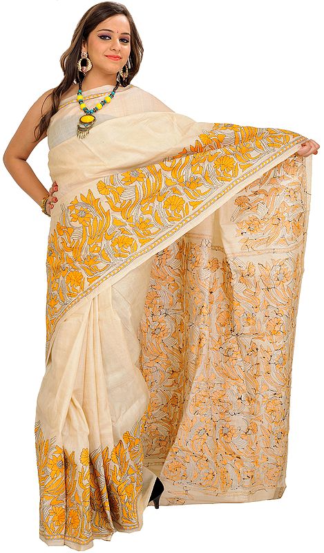 Almond-Oil Sari from Kolkata with Kantha Hand-Embroidered Sunflowers