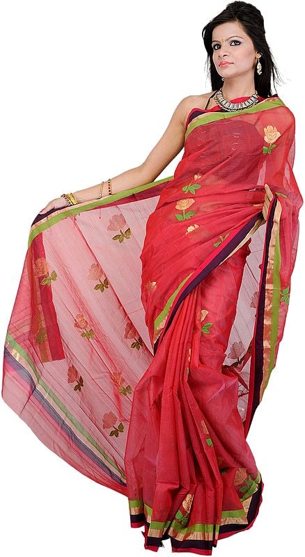 Claret-Red Chanderi Sari with Zari-Woven Flowers and Striped Border