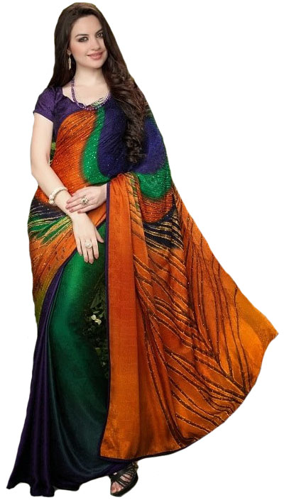 Multicolor Sari with Self-Weave and Printed Peacock Feathers