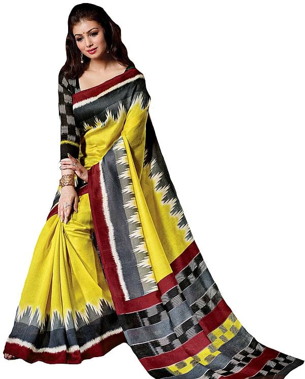Maize-Yellow Silk Sari with Ikat Print