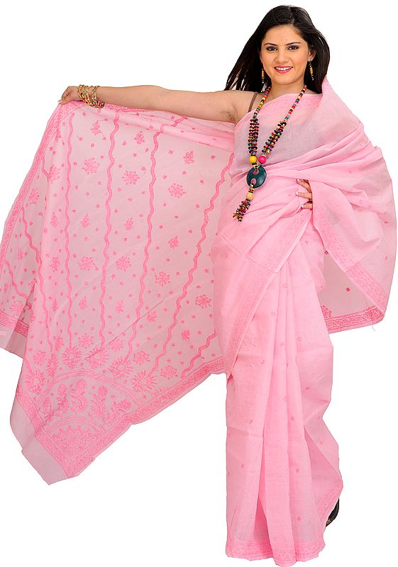 Orchid-Pink Sari from Lucknow with Chikan Embroidery by Hand