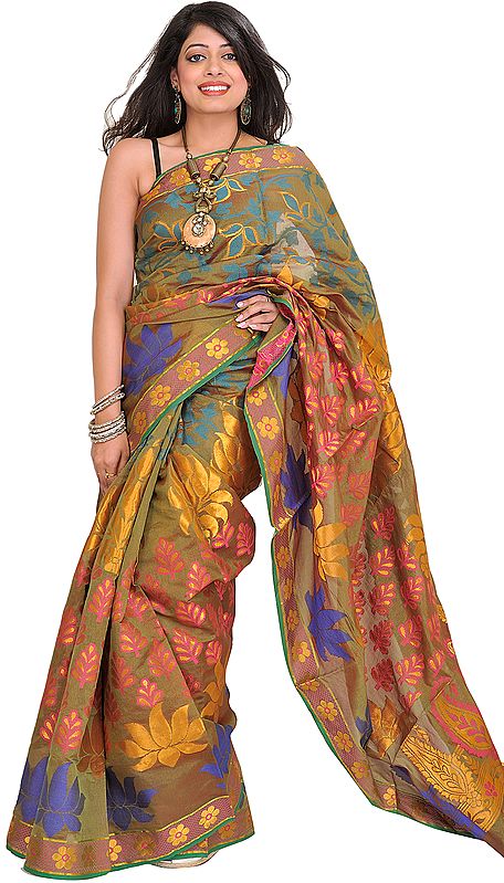 Capulet-Olive Sari from Banaras with Zari-Woven Lotuses and Paisleys on Aanchal