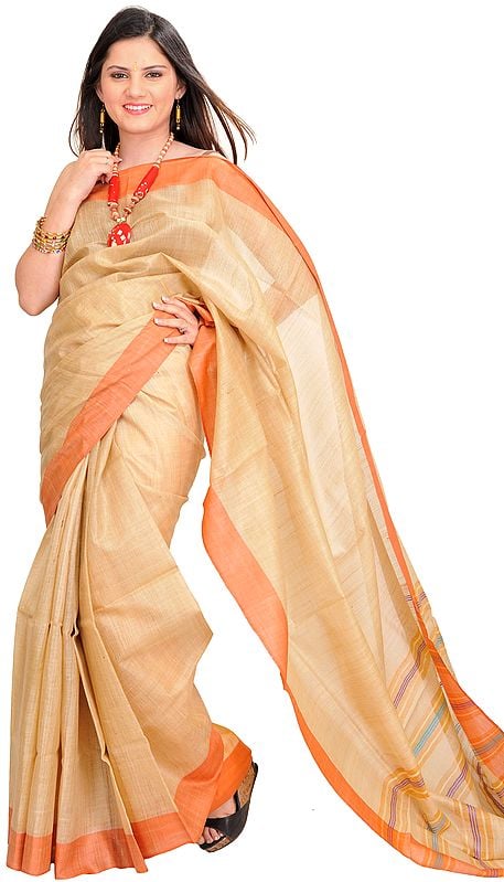 Alabaster-Gleam Kosa Silk Plain Sari from Jharkhand with Woven Stripes on Aanchal