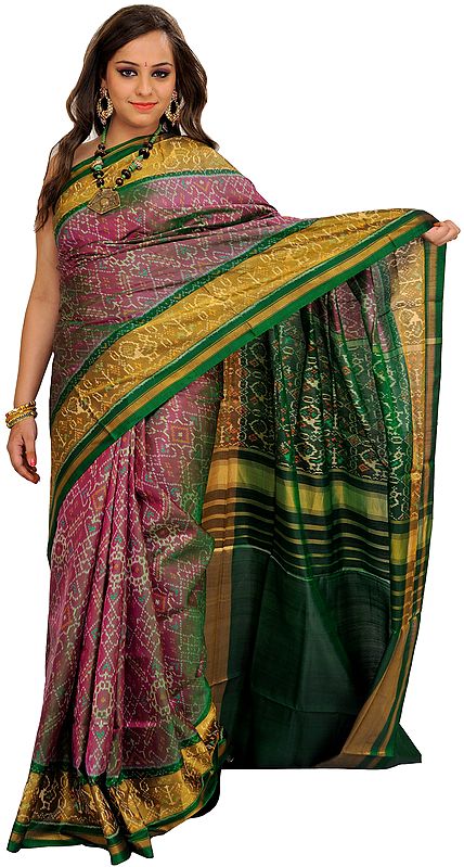Violet-Quartz and Green Paan Patola Handloom Sari from Patan with Ikat Weave