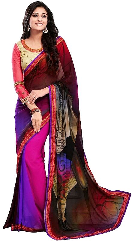 Multicolor Art-Deco Printed Sari with Embroidered Patch Border