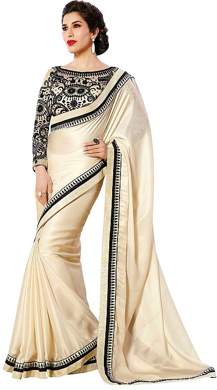 Off-White and Black Designer Shimmer Sari with Patch Border and Embroidered Blouse