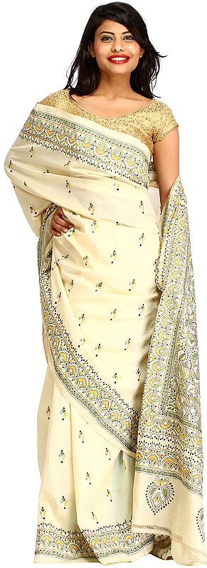 Cream Kantha Hand-Embroidered Sari from Kolkata with Bootis