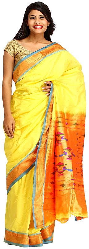 Aurora-Yellow Paithani Sari with Zari Weave on Border and Hand-Woven Peacocks on Aanchal