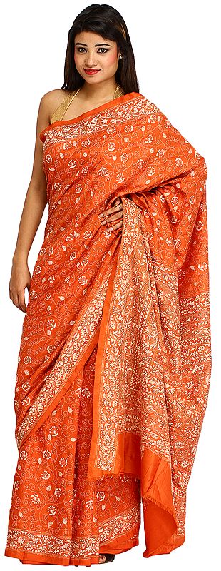 Rust-Orange Sari from Kolkata with Kantha Hand-Embroidery All-Over