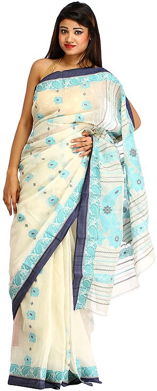 Ivory and Blue Purbasthali Tangail Sari from Bengal with Woven Flowers