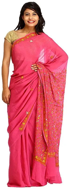 Red-Violet Sari from Kashmir with Sozni Hand-Embroidery on Aanchal