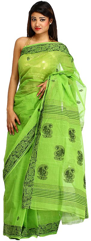 Kiwi-Green Sari from Bengal with Floral Border and Paisleys on Aanchal