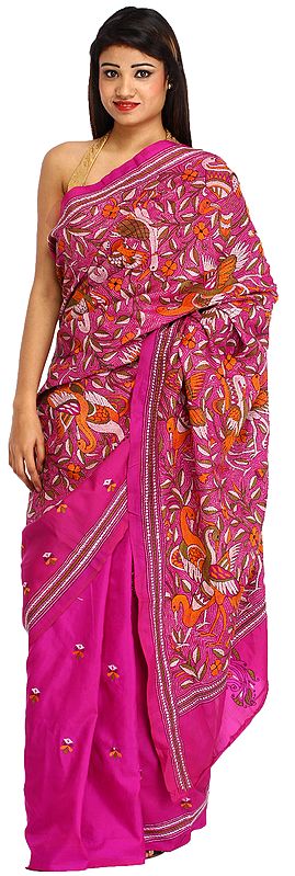 Vivid-Viola Sari from Kolkata with Kantha Hand-Embroidered Swans