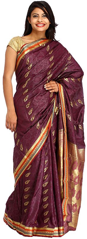 Vintage-Violet Self Weave Sari from Bangalore with Zari-Woven Leaves and Brocaded Aanchal
