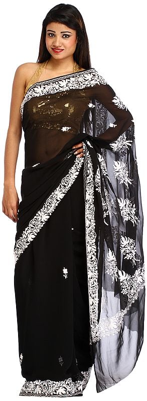 Phantom-Black Sari from Kashmir with Aari-Embroidered Maple Leaves in White Thread